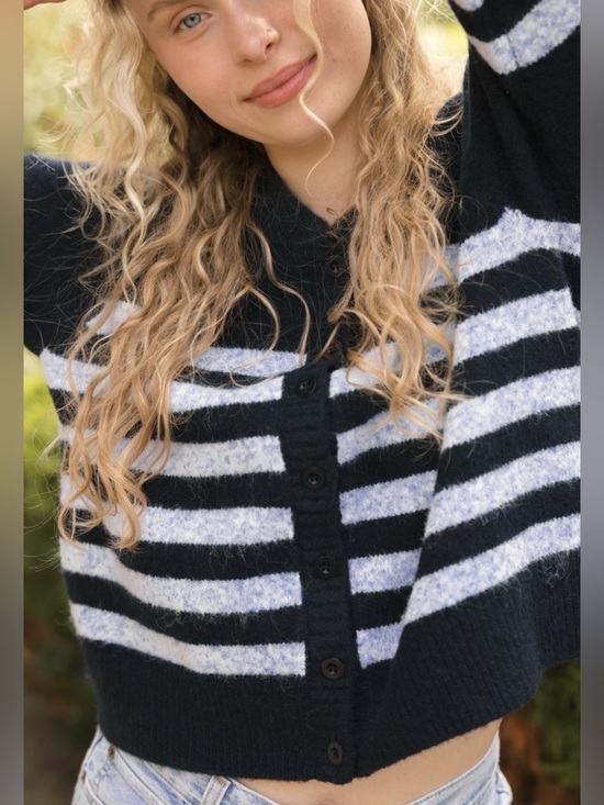 Smash + Tess Sweaters - Smash & Tess Mabel Striped Short Cardigan in Navy/Blue M/L